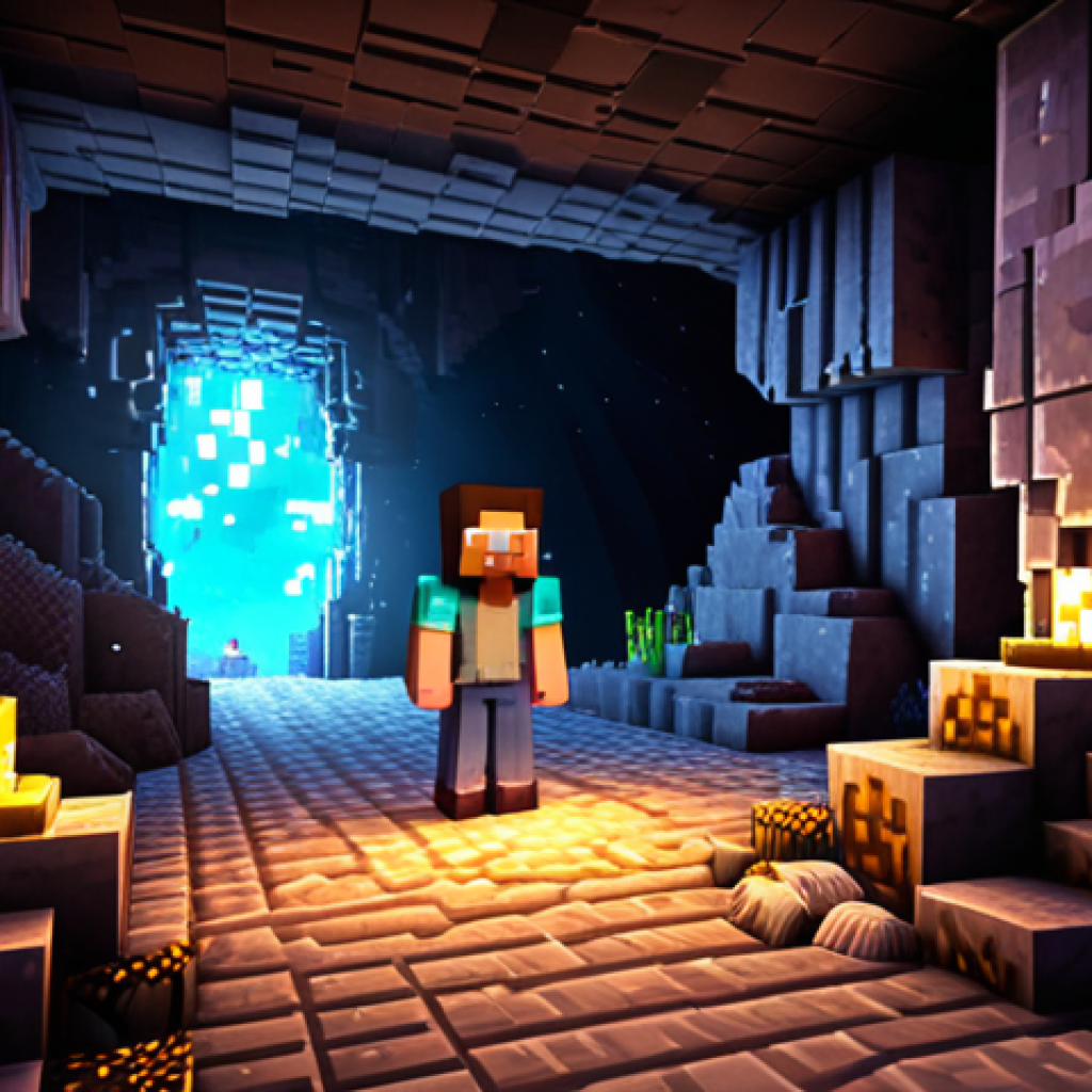 **Exploring a Mysterious Cave:**
   "A player character in Minecraft stands at the entrance of a dark, mysterious cave, illuminated by glowing crystals. The cave is filled with intricate rock formations and hidden treasures, creating an atmosphere of adventure and discovery."