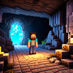 **Exploring a Mysterious Cave:**
   "A player character in Minecraft stands at the entrance of a dark, mysterious cave, illuminated by glowing crystals. The cave is filled with intricate rock formations and hidden treasures, creating an atmosphere of adventure and discovery."