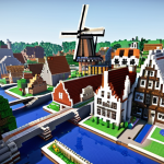 A sprawling, intricately designed Minecraft virtual city, showcasing elements of classic Dutch architecture with canals, gabled houses, and windmills. The cityscape emphasizes a sense of monumental scale and functional complexity, with advanced Redstone-powered structures subtly integrated. The scene evokes a vibrant, active community, highlighting the collaborative artistry and ingenious digital urban planning. High detail, realistic Minecraft shaders.