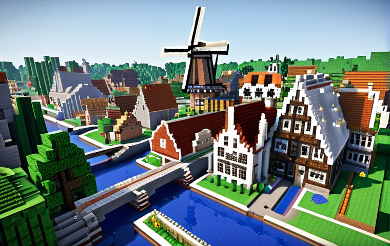 A sprawling, intricately designed Minecraft virtual city, showcasing elements of classic Dutch architecture with canals, gabled houses, and windmills. The cityscape emphasizes a sense of monumental scale and functional complexity, with advanced Redstone-powered structures subtly integrated. The scene evokes a vibrant, active community, highlighting the collaborative artistry and ingenious digital urban planning. High detail, realistic Minecraft shaders.